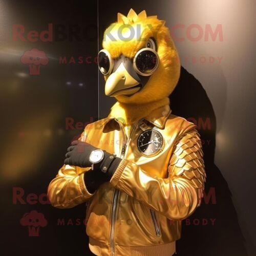 Mascotte Redbrokoly De Personnage De Paon Doré Habillé D'une Veste En Cuir Et D'un Bracelet De Montres
