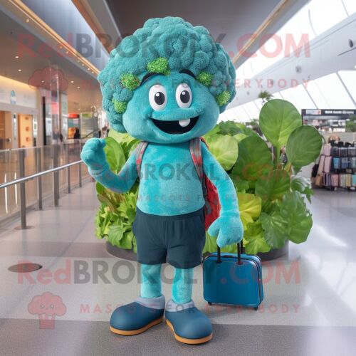 Personnage De Costume De Mascotte Redbrokoly De Brocoli Bleu Sarcelle Habillé D'un Jean Skinny Et De Sacs À Main