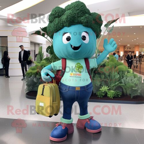 Personnage De Costume De Mascotte Redbrokoly De Brocoli Bleu Sarcelle Habillé D'un Jean Skinny Et De Sacs À Main