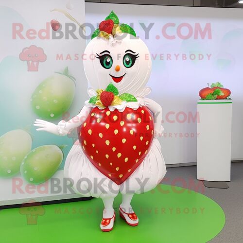 Personnage De Costume De Mascotte Redbrokoly De Fraise Blanche Habillé D'une Jupe Trapèze Et De Colliers