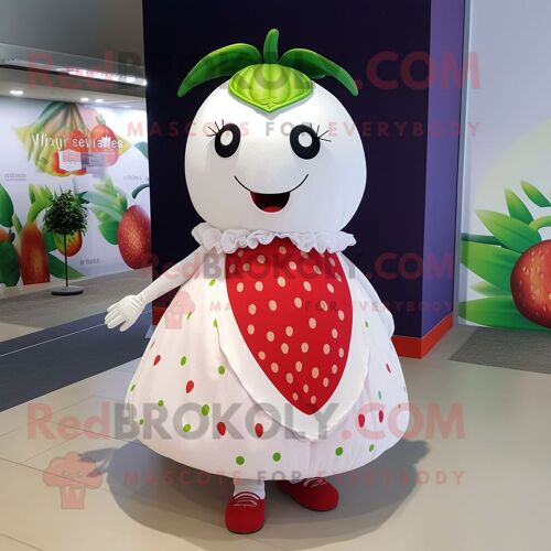 Personnage De Costume De Mascotte Redbrokoly De Fraise Blanche Habillé D'une Jupe Trapèze Et De Colliers