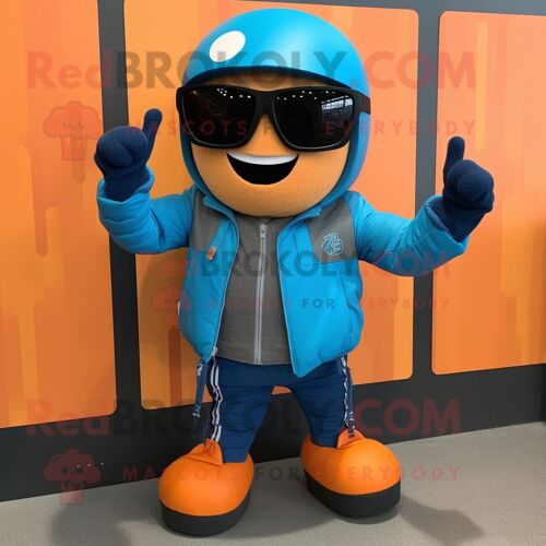 Personnage De Costume De Mascotte Redbrokoly Bleu Orange Habillé D'une Veste De Moto Et De Lunettes De Soleil