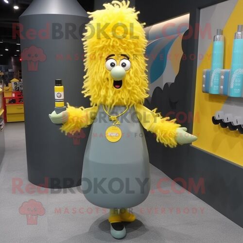 Personnage De Costume De Mascotte Redbrokoly De Bouteille De Moutarde Grise Habillé D'un Chemisier Et D'épingles À Cheveux