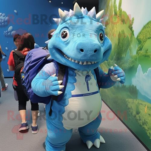 Personnage De Costume De Mascotte Redbrokoly D'ankylosaurus Bleu Habillé D'un Chemisier Et De Sacs À Dos