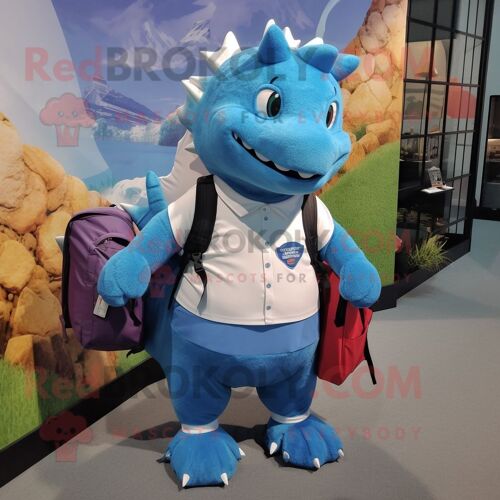 Personnage De Costume De Mascotte Redbrokoly D'ankylosaurus Bleu Habillé D'un Chemisier Et De Sacs À Dos