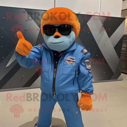 Personnage De Costume De Mascotte Redbrokoly Bleu Orange Habillé D'une Veste De Moto Et De Lunettes De Soleil