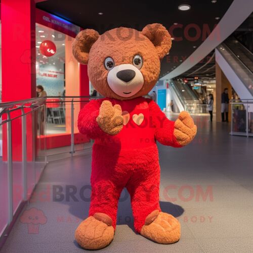 Personnage De Costume De Mascotte Redbrokoly D'ours En Peluche Rouge Habillé D'une Combinaison Et De Bretelles