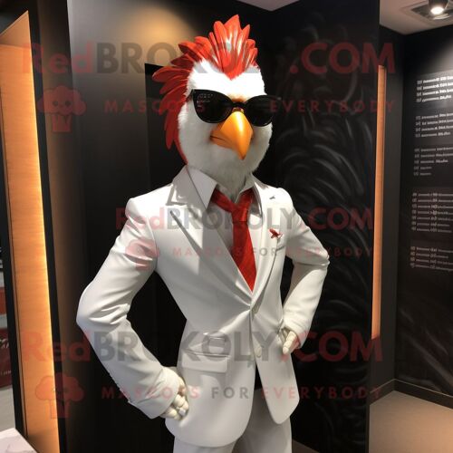 Personnage De Costume De Mascotte Redbrokoly De Coq Habillé D'une Veste De Costume Et De Lunettes De Soleil