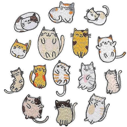 Embroidered Iron on Patches, 15PCS Vivid Cute Cat Embroidery Patches for Jeans Jackets Sewing Applique DIY Accessory JN