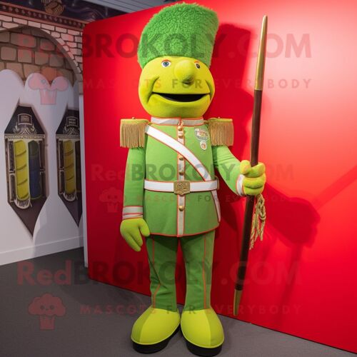 Personnage De Costume De Mascotte Redbrokoly De La Garde Royale Britannique Vert Citron Vêtu D'un Pantalon En Velours Côtelé Et De Lacets