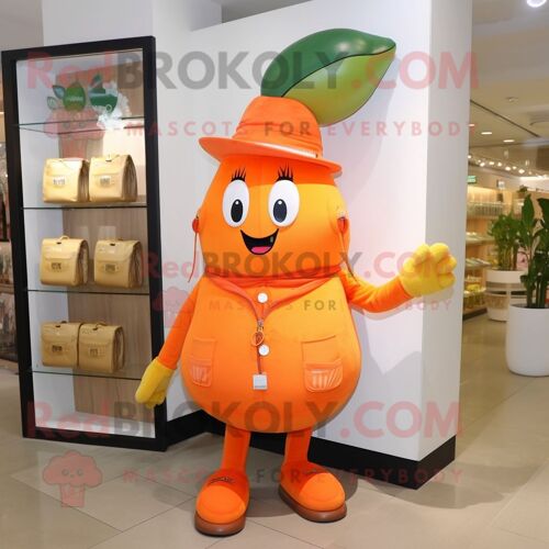 Personnage De Costume De Mascotte Redbrokoly De Poire Orange Habillé D'un Pantacourt Et De Porte-Monnaie