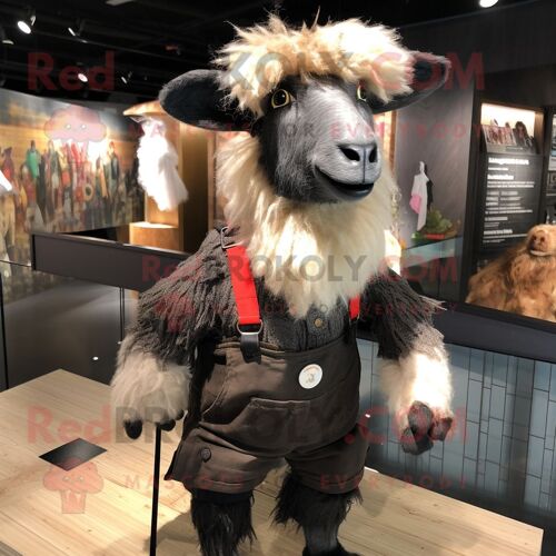 Mascotte Redbrokoly De Personnage De Chèvre Angora Noire Habillée D'un Short Et De Bretelles
