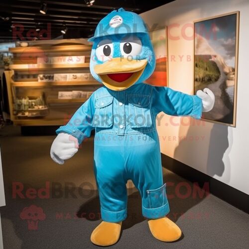 Personnage De Costume De Mascotte Redbrokoly D'oison Turquoise Habillé D'une Salopette Et De Casquettes