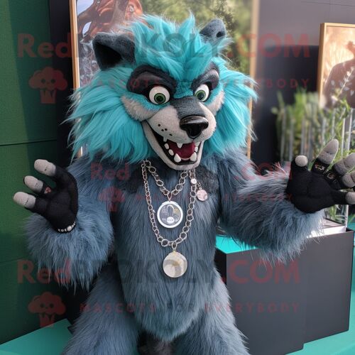 Mascotte Redbrokoly De Personnage De Loup-Garou Bleu Sarcelle Habillé D'une Combinaison Et De Colliers