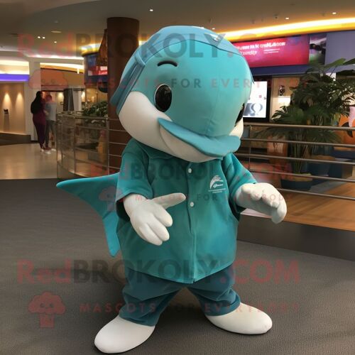 Personnage De Costume De Mascotte Redbrokoly De Dauphin Bleu Sarcelle Habillé D'un Chemisier Et De Bonnets