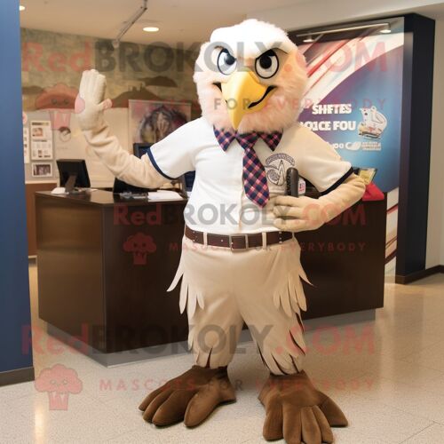 Personnage De Costume De Mascotte Redbrokoly D'aigle À Tête Blanche Beige Habillé D'une Jupe Crayon Et De Pochettes