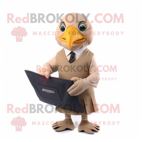 Personnage De Costume De Mascotte Redbrokoly D'aigle À Tête Blanche Beige Habillé D'une Jupe Crayon Et De Pochettes
