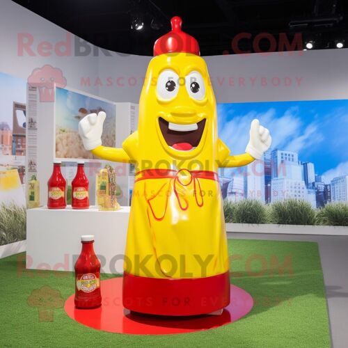 Personnage De Costume De Mascotte Redbrokoly Bouteille Jaune De Ketchup Habillé Avec Une Chemise Et Des Bretelles