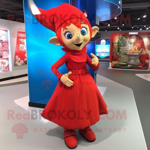 Personnage De Costume De Mascotte Redbrokoly D'elfe Rouge Habillé D'une Jupe Longue Et De Pinces À Chaussures