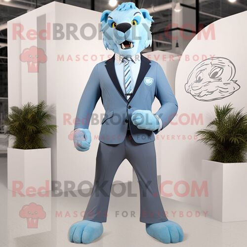 Personnage De Costume De Mascotte Redbrokoly Smilodon Bleu Ciel Habillé D'un Blazer Et De Cravates