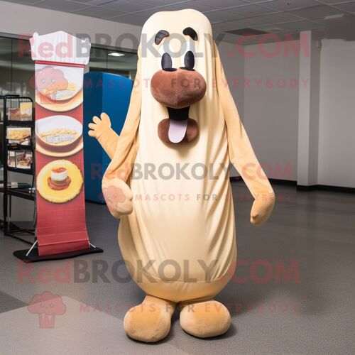 Personnage De Costume De Mascotte Redbrokoly De Hot Dog Tan Habillé D'un Cover-Up Et De Bretelles