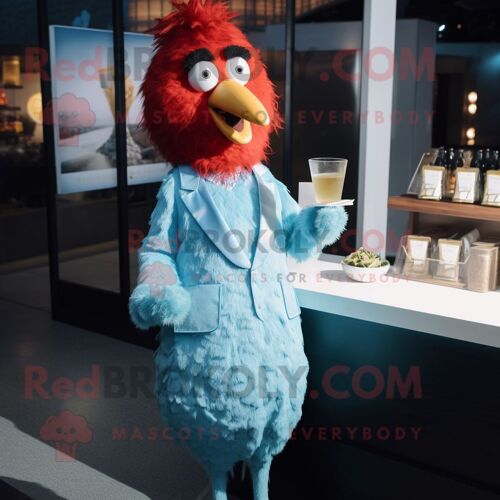 Personnage De Costume De Mascotte Redbrokoly De Poulet Parmesan Bleu Ciel Habillé D'une Robe De Cocktail Et D'épinglettes