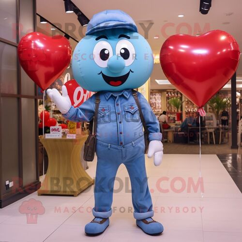 Personnage De Costume De Mascotte Redbrokoly De Ballons En Forme De Coeur Bleu Ciel Habillé D'une Chemise En Jean Et De Boutons De Manchett