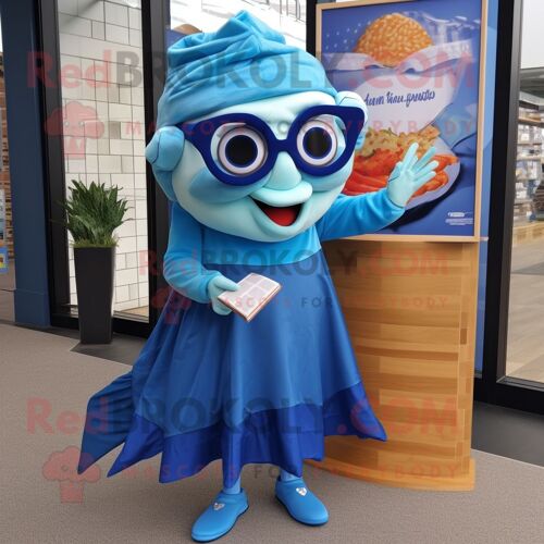 Personnage De Costume De Mascotte Redbrokoly Blue Fish And Chips Habillé D'une Jupe Trapèze Et De Lunettes De Lecture