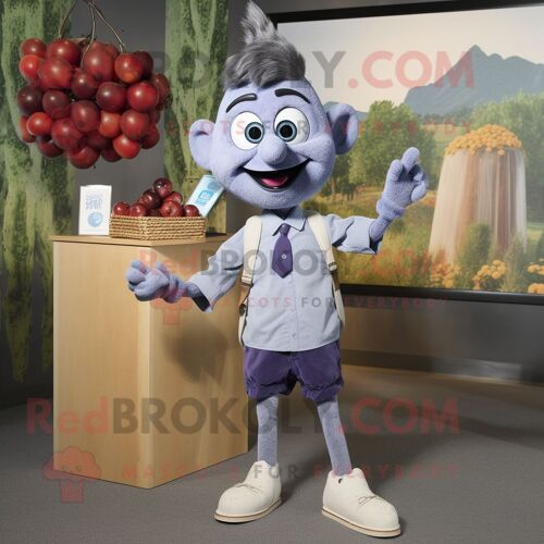 Mascotte Redbrokoly De Personnage De Raisin Gris Habillé D'une Chemise En Chambray Et De Montres