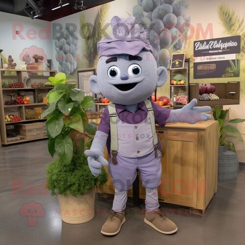Mascotte Redbrokoly De Personnage De Raisin Gris Habillé D'une Chemise En Chambray Et De Montres