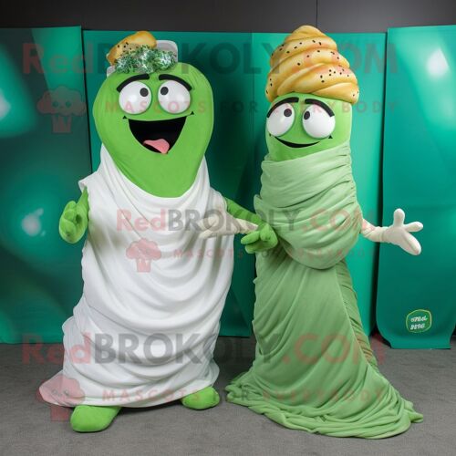 Personnage De Costume De Mascotte Redbrokoly De Croissant Vert Habillé D'une Robe De Mariée Et De Clips D'écharpe