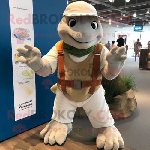 Personnage De Costume De Mascotte Redbrokoly De Tortue De Mer Blanche Habillé D'une Salopette Et D'un Châle