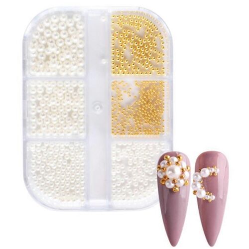 1box Décorations Perles Breloques Ongles Blanc Rond Ongles Pièces Or Acier Perles Boules Bijoux Nail Art A Js