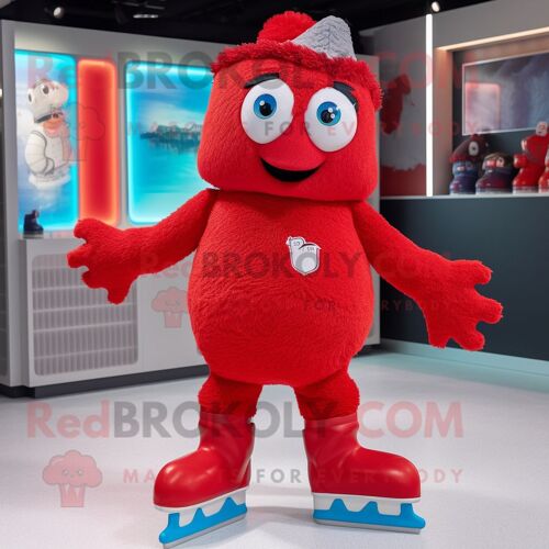 Personnage De Costume De Mascotte Redbrokoly De Patins À Glace Rouge Habillé D'un Cardigan Et De Mitaines
