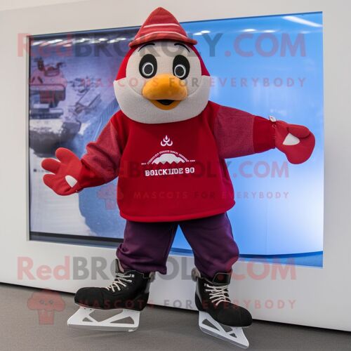Personnage De Costume De Mascotte Redbrokoly De Patins À Glace Rouge Habillé D'un Cardigan Et De Mitaines