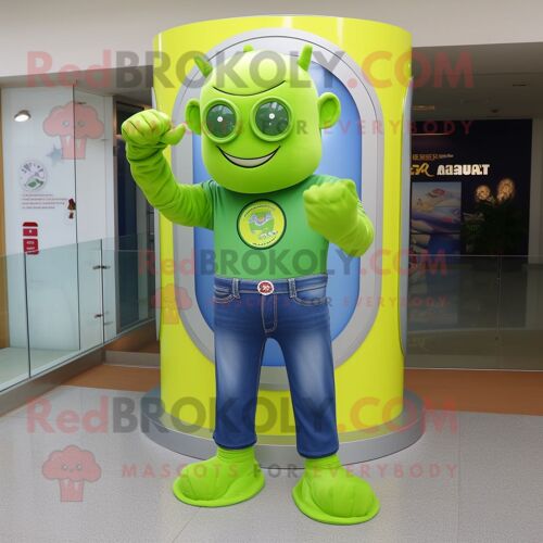 Personnage De Costume De Mascotte Redbrokoly De Super-Héros Vert Citron Vêtu D'une Chemise En Jean Et D'anneaux