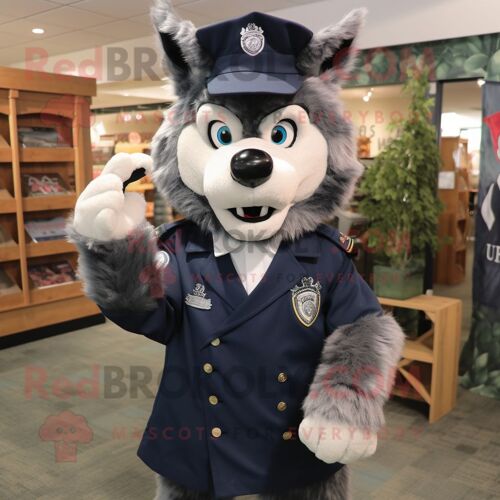 Personnage De Costume De Mascotte Redbrokoly Bleu Marine Say Wolf Habillé D'un Manteau Et De Sacs À Dos