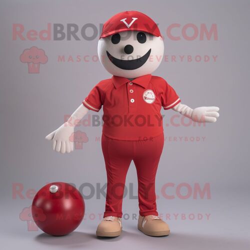 Personnage De Costume De Mascotte Redbrokoly De Boule De Pétanque Rouge Habillé D'un Tee-Shirt À Col En V Et De Broches