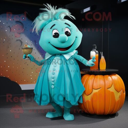 Personnage De Costume De Mascotte Redbrokoly De Citrouille Turquoise Habillé D'une Robe De Cocktail Et D'épingles À Cheveux