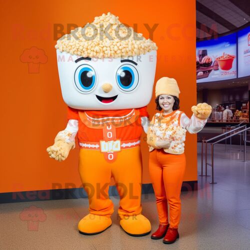 Déguisement Mascotte Redbrokoly Orange Pop Corn Personnage Habillé Avec Un Mom Jeans Et Des Bagues
