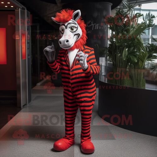 Personnage De Costume De Mascotte Redbrokoly De Zèbre Rouge Habillé D'une Veste De Costume Et De Bracelets De Cheville