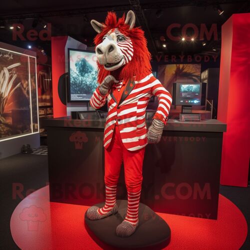Personnage De Costume De Mascotte Redbrokoly De Zèbre Rouge Habillé D'une Veste De Costume Et De Bracelets De Cheville