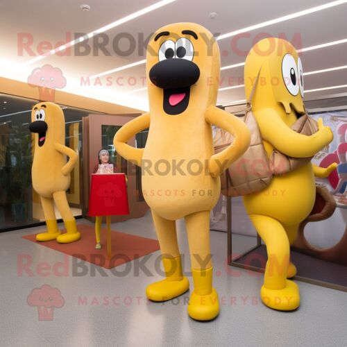 Personnage De Costume De Mascotte Redbrokoly Hot Dogs Doré Habillé D'un Pantalon De Yoga Et De Sacs À Main