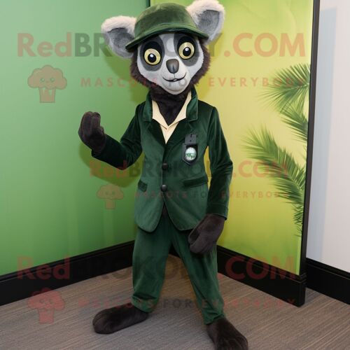 Mascotte Redbrokoly De Personnage De Costume De Lémurien Vert Forêt Habillé D'un Pantalon De Costume Et De Pochettes De Costume