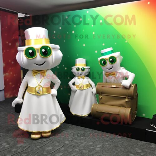 Personnage De Costume De Mascotte Redbrokoly White Pot Of Gold Habillé D'une Robe Et De Mallettes