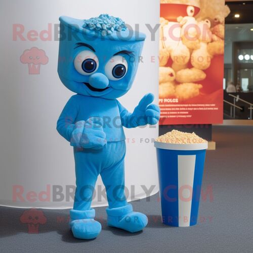 Personnage De Costume De Mascotte Redbrokoly De Pop Corn Bleu Habillé D'un Pantalon Chino Et De Gants