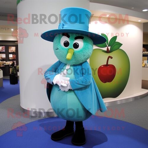 Mascotte Redbrokoly De Personnage De Pomme Turquoise Habillée D'une Robe Et D'épingles À Chapeau