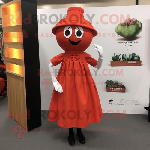 Personnage De Costume De Mascotte Redbrokoly Rust Pepper Habillé D'une Robe Midi Et De Pinces À Chaussures