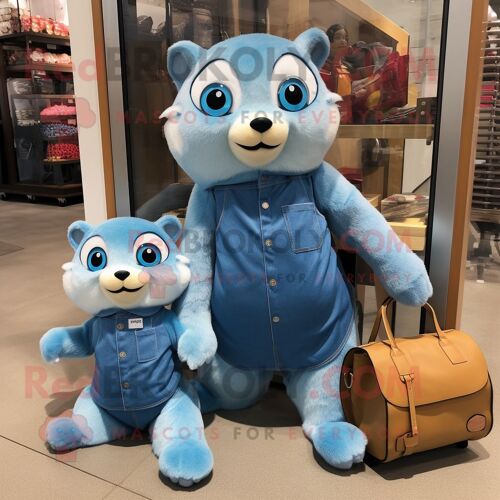 Costume De Mascotte Redbrokoly De Furet Bleu Personnage Habillé Avec Un Jean Mom Et Des Sacs À Main