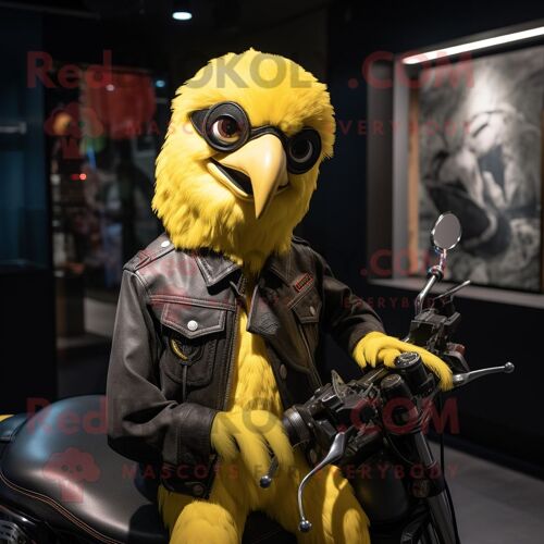 Mascotte Redbrokoly De Personnage De Perroquet Jaune Habillé D'un Blouson De Motard Et De Casquettes